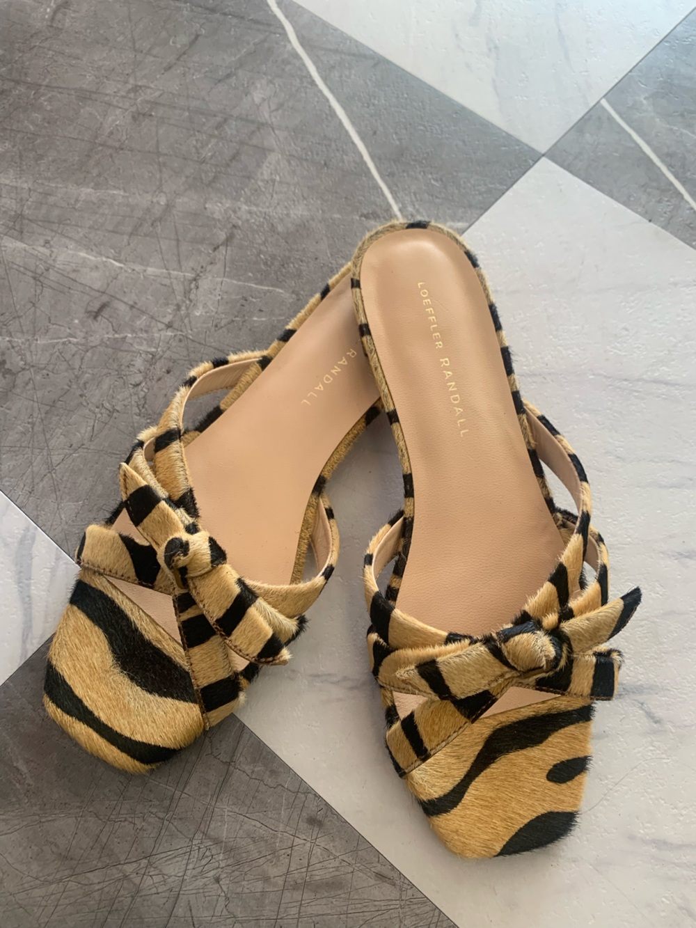 Loeffler Randall Tiger-Print Knotted Slide Mules in Yellow and Black